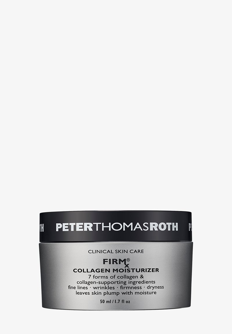 Hidratante de colágeno en un tarro redondo plateado con tapa negra. La etiqueta presenta texto en blanco y negro; el envase contiene 50 ml. Textura suave.