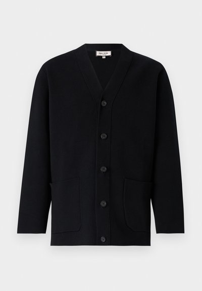 Black cardigan with a V-neck, front button closure, and two front pockets. Made of textured fabric, featuring subtle stitching details.