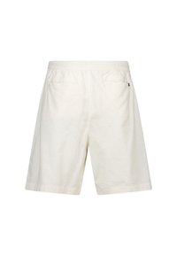 Pantaloni corti bianchi con vestibilità rilassata, vita elastica, due tasche posteriori e una texture di cotone liscia. Design semplice senza motivi.
