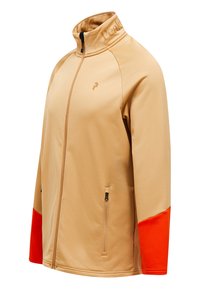 Beige jakke med høj krave, orange detaljer på ærmerne, forlyser og logo på kraven. Fremstillet af blødt, glat stof.