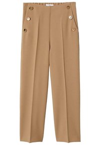Beige op maat gemaakte broek met een wijde pasvorm, voorzien van twee grote metalen knopen aan de voorkant, plooidetails en zijzakken.