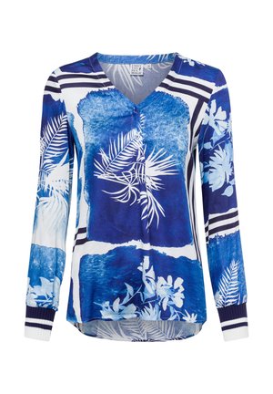 Blaues Langarmoberteil mit V-Ausschnitt, Knopfverschluss, floralen und abstrakten Mustern sowie gestreiften Akzenten an den Ärmeln und dem unteren Saum.