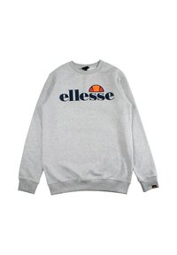 Sweatshirt gris en coton avec un col rond, arborant le logo "ellesse" en bleu marine et un design de demi-cercle orange. Poignets et ourlet côtelés.