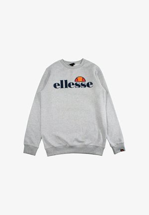Sweatshirt gris en coton avec un col rond, arborant le logo "ellesse" en bleu marine et un design de demi-cercle orange. Poignets et ourlet côtelés.