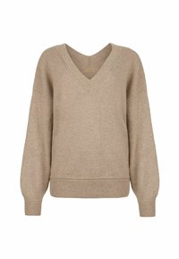 Beżowy sweter w serek wykonany z miękkiej dzianiny, z szerokimi rękawami, prążkowanymi mankietami i luźnym krojem. Prosta, gładka tekstura z minimalnymi detalami.