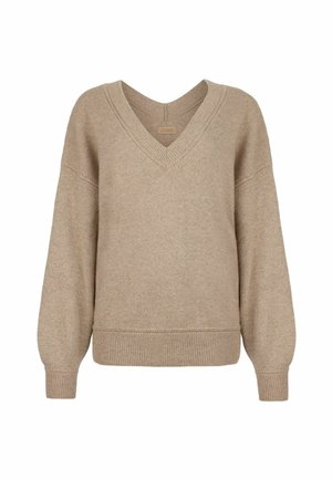 Beiger V-Ausschnitt-Pullover aus weichem Strickmaterial, mit weiten Ärmeln, gerippten Bündchen und lockerer Passform. Schlichte, glatte Textur mit minimalen Details.