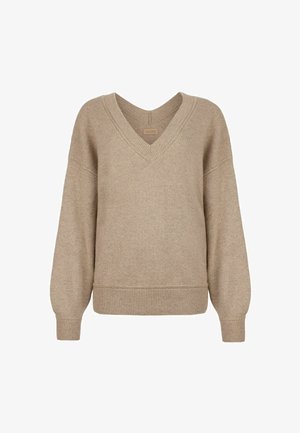 Beiger V-Ausschnitt-Pullover aus weichem Strickmaterial, mit weiten Ärmeln, gerippten Bündchen und lockerer Passform. Schlichte, glatte Textur mit minimalen Details.