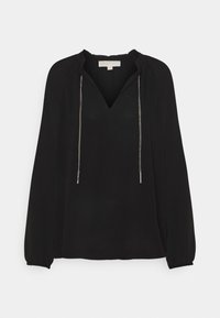 Schwarze Bluse mit V-Ausschnitt, gerafftem Ausschnitt und langen Ärmeln. Mit metallischen Kordeln und Akzentdetails. Glatte Stofftextur.