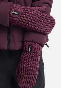 Moufles tricotées en violet profond avec un motif texturé, dotées d'un poignet côtelé et d'un patch logo noir. Tissu durable avec un ajustement confortable.