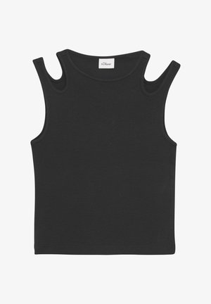 Black sleeveless top with round neckline, featuring ribbed texture and cut-out shoulder details. Made from a soft, stretchable fabric.