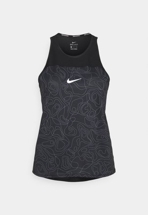 Czarny bezrękawnik biegowy Nike z białym wzorem konturowych linii i centralnym białym logo Nike Swoosh na piersi.