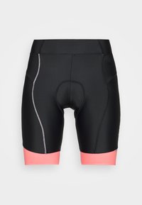 Czarne spodenki kolarskie z różowym wykończeniem, z odblaskowymi akcentami, elastycznym dopasowaniem i wkładką z paddingiem dla komfortu.