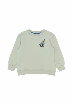 Hanorac lung cu mâneci lungi, de culoare gri deschis, cu manșete și tiv ondulate, având pe piept un mic personaj colorat de skateboarding și textul "Mergi încet".