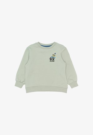 Hellgrau langärmliges Sweatshirt mit gerippten Bündchen und Saum, das ein kleines buntes Skateboarder-Charakter und den Text "Go Slow" auf der Brust zeigt.