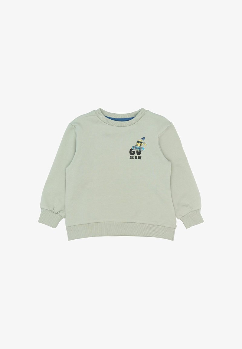 Vaaleanharmaa pitkähihaisen hupparin, jossa on ribatut hihansuut ja helma. Paidassa on pieni värikäs skeittaava hahmo sekä teksti "Go Slow" rinnassa.