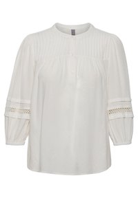 Camicia bianca con scollatura rotonda, pattina con bottoni, tessuto strutturato, maniche a palloncino e dettagli in pizzo sui polsini. Design semplice ed elegante.