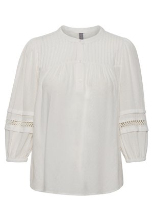 Camicia bianca con scollatura rotonda, pattina con bottoni, tessuto strutturato, maniche a palloncino e dettagli in pizzo sui polsini. Design semplice ed elegante.