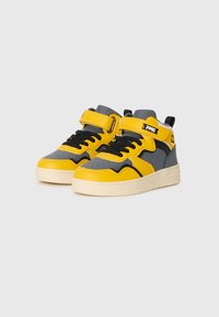 Children's high-top sneakers in yellow and gray with black laces and Velcro strap, branded "PMG," on a white background.