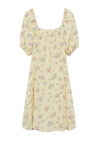 Vestido floral amarillo con mangas cortas abullonadas, escote cuadrado y una silueta holgada. Presenta un delicado patrón de flores rosas y azules.