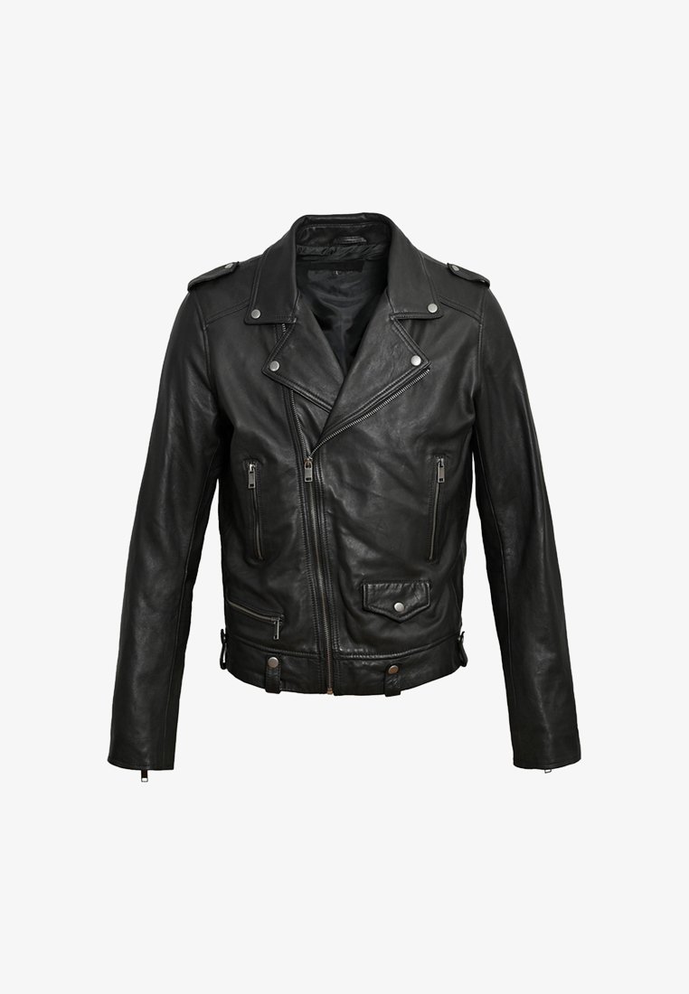 Schwarze Leder-Bikerjacke mit diagonaler Reißverschlussöffnung, Schulterklappen und mehreren Reißverschlusstaschen mit strukturierter Oberfläche.
