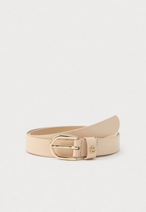 Light beige leather belt with a gold metal buckle and a small gold logo detail on the belt loop, laid flat and coiled.