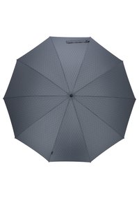 Gray umbrella with a diamond-patterned canopy and a rounded black handle, featuring a button closure at the top for secure storage.