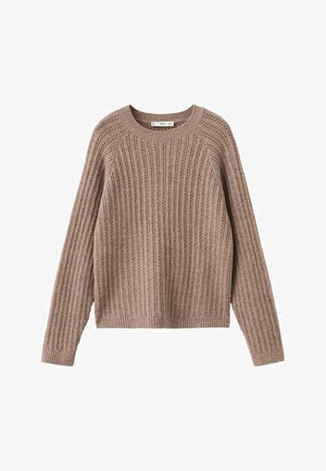 Brązowy sweter prążkowany z długimi rękawami, okrągłym dekoltem i luźnym krojem. Posiada teksturowany materiał z pionowymi liniami przez całą powierzchnię.