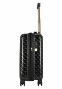 Schwarzer Hartschalenkoffer mit Glanzoberfläche, gemusterter Oberfläche, ausziehbarem Griff, doppeltem Reißverschluss und vier Rädern für Mobilität.