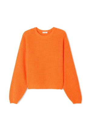Maglione lavorato a maglia arancione brillante, collo a giro, maniche lunghe, tessuto testurizzato, lunghezza cropped, orli e polsini a costine. Nessun logo o motivo visibile.