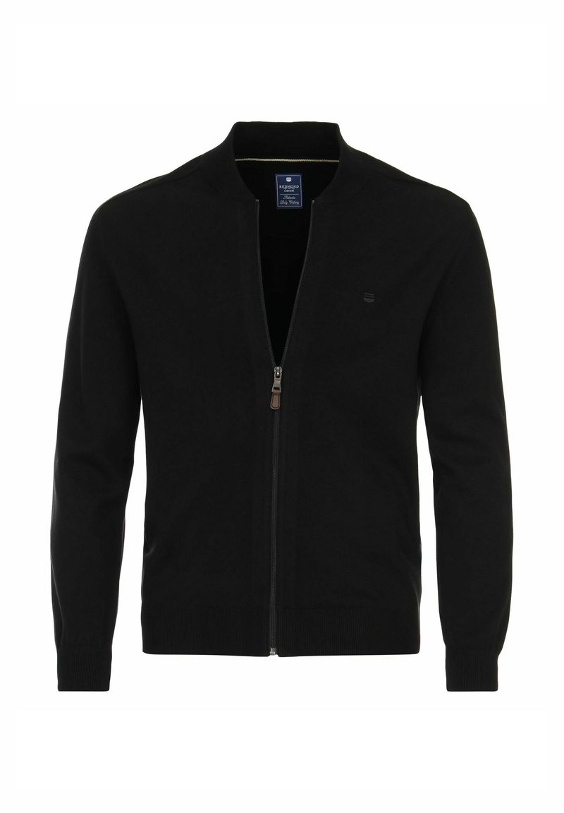 Zwarte zip-up cardigan van glad stof, met een geribde kraag en manchetten, en een discreet logo op de borst.