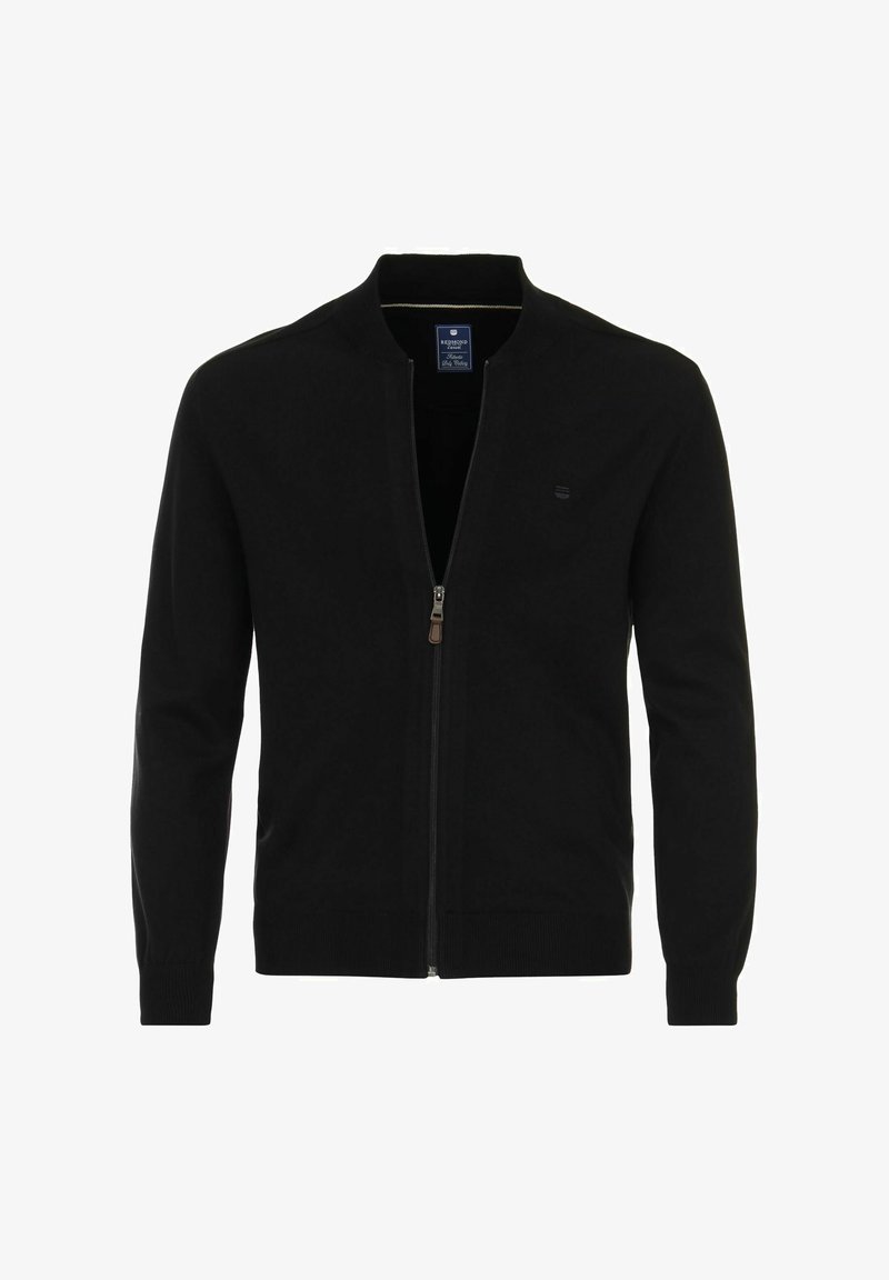 Czarny kardigan na zamek z gładkiego materiału, posiadający prążkowany kołnierz i mankiety, z dyskretnym logo na piersi.