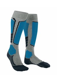 Grijze kniekousen met blauwe en zwarte geometrische patronen. Gemaakt van een gestructureerd materiaal met versterkte tenen en hielen.