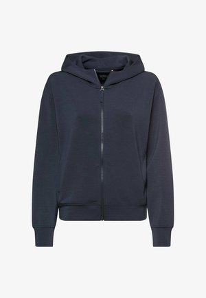 Navy zip-up hoodie made of soft fabric. Features a hood, long sleeves, and ribbed cuffs. Simple design with no patterns or accents.