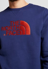 Man som bär en blå tröja med en stor röd "THE NORTH FACE" logotyp broderad på bröstet.