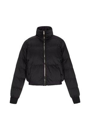 Lyhytnuttu musta untuvatakki, jossa on korkea kaulus, viehättävä etuvetoketju, joustavat hihansuut ja tilkkuosioita; valmistettu kiiltävästä, kevyestä materiaalista.