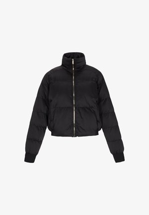 Polegane črna puhovka s visokim ovratnikom, sprednjim zadrgo, elastičnimi manšetami in zloženimi deli; izdelana iz sijočega, lahkega materiala.