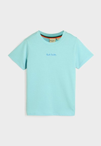 Svetlomodré bavlnené tričko s krátkymi rukávmi, s okrúhlym výstrihom a vyšitým logom "Paul Smith" v tmavšej modrej farbe na hrudi.