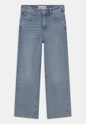 Lichtblauwe wijde denim jeans met een knoop- en ritssluiting, voorzien van voor- en achterzakken en een gladde, iets gestructureerde oppervlakte.