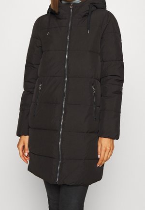 Black puffer jacket with a hood, featuring zippered front and side pockets, quilted design, long sleeves, and a knee-length cut.