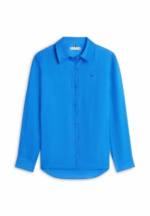 Helles blaues langärmeliges Hemd mit Knöpfen, spitzem Kragen und kleinem gesticktem Logo auf der linken Brust.