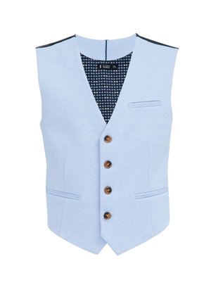 Gilet sans manches bleu clair avec cinq boutons marron, deux poches avant et doublure à motifs sombres. Présente des accents bleu marine au niveau des épaules.