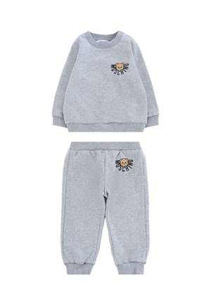 Grijze set van sweatshirt en broek van zachte stof. Het sweatshirt heeft een berenafbeelding met tekst; de broek heeft vergelijkbare details. Elastische boorden.