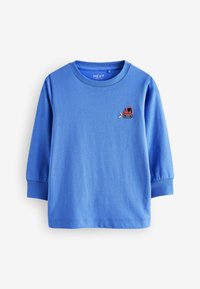 Blå langærmet T-shirt lavet af blødt stof, med en rund halsudskæring og et lille broderet design på brystet.