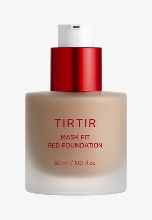 TIRTIR Mask Fit Red Foundation in a frosted glass bottle with a red metal cap; label displays product name and volume. 30 ml / 1.01 fl. oz.