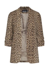 Blazer s leopardím potiskem v barvách tan a černá, vyrobený z hladké látky, s otevřeným předním dílem, tříčtvrtečními rukávy a volným střihem.
