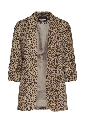 Blazer en imprimé léopard dans les tons beige et noir, fabriqué en tissu lisse, avec un devant ouvert, des manches trois-quarts et une coupe décontractée.
