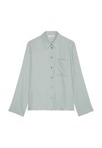 Light green, long-sleeve shirt with a button-down front, pointed collar, and single chest pocket. Smooth, soft fabric texture with gray buttons.