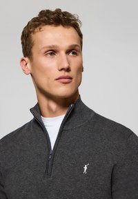 Sudadera de cremallera de color gris oscuro con un cuello alto, que presenta un logo blanco en el pecho, combinada con una camiseta blanca debajo.