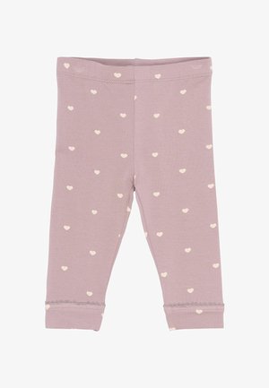 Leggings moi roz pentru bebeluși, cu talie elastică și modele mici de inimioare albe, având o dantelă delicată la deschiderea picioarelor.