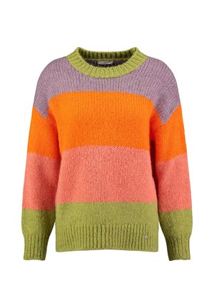 Kraftig strikket sweater med brede vandrette striber i lilla, knaldorange, pink og olivengrøn, med ribstrikkede ærmeender og kant.